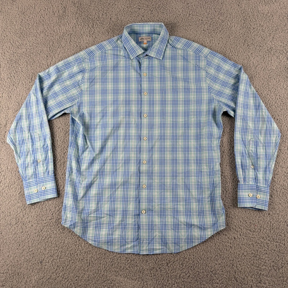 Peter Millar Button Down Shirt Mens L Blue Green Plaid Long Sleeve Performance - Picture 2 of 10